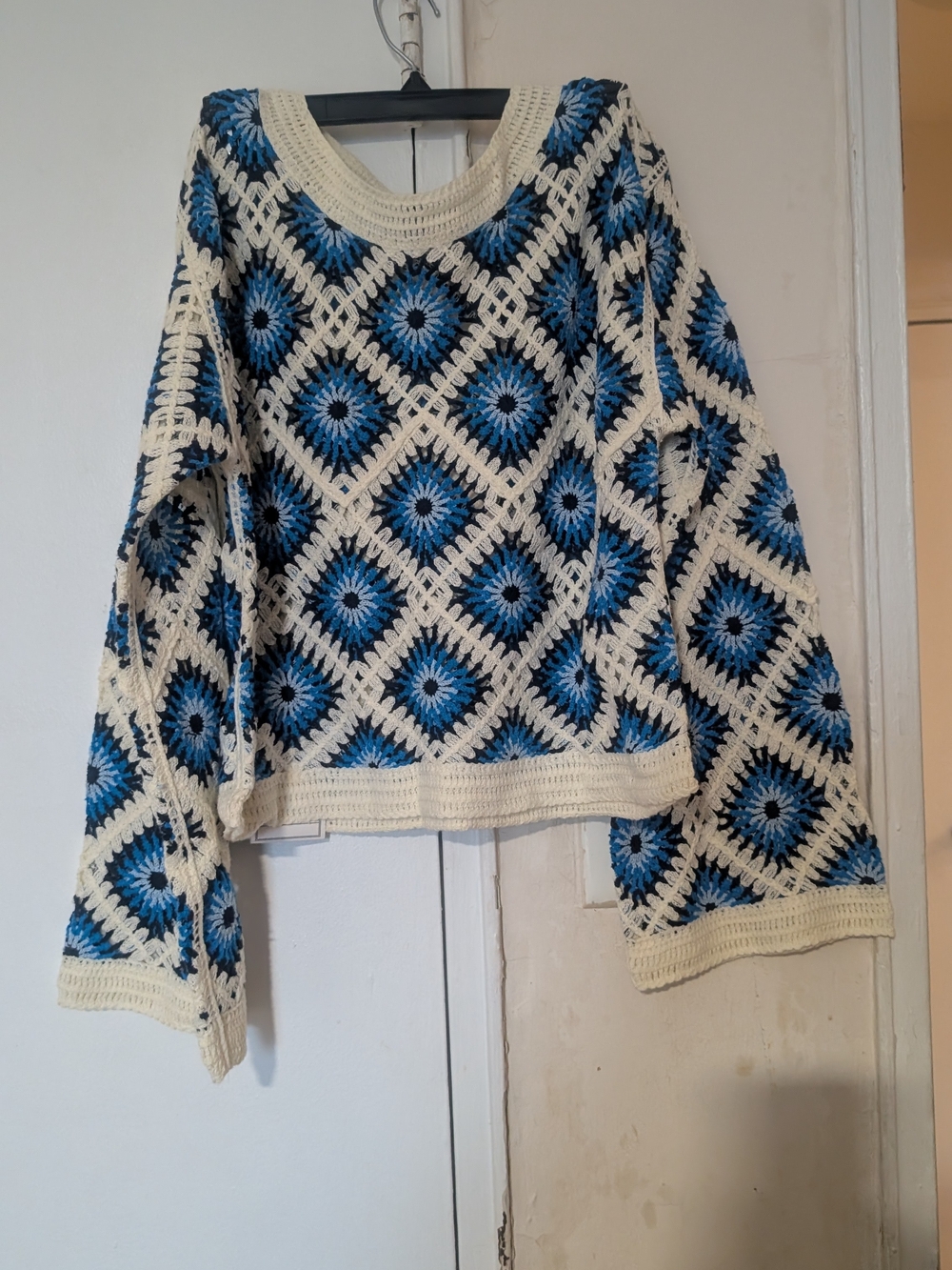 Desigual Blue & Cream Crochet Diamond Sweater